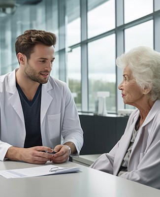 Dentist and patient sitting at table and talking