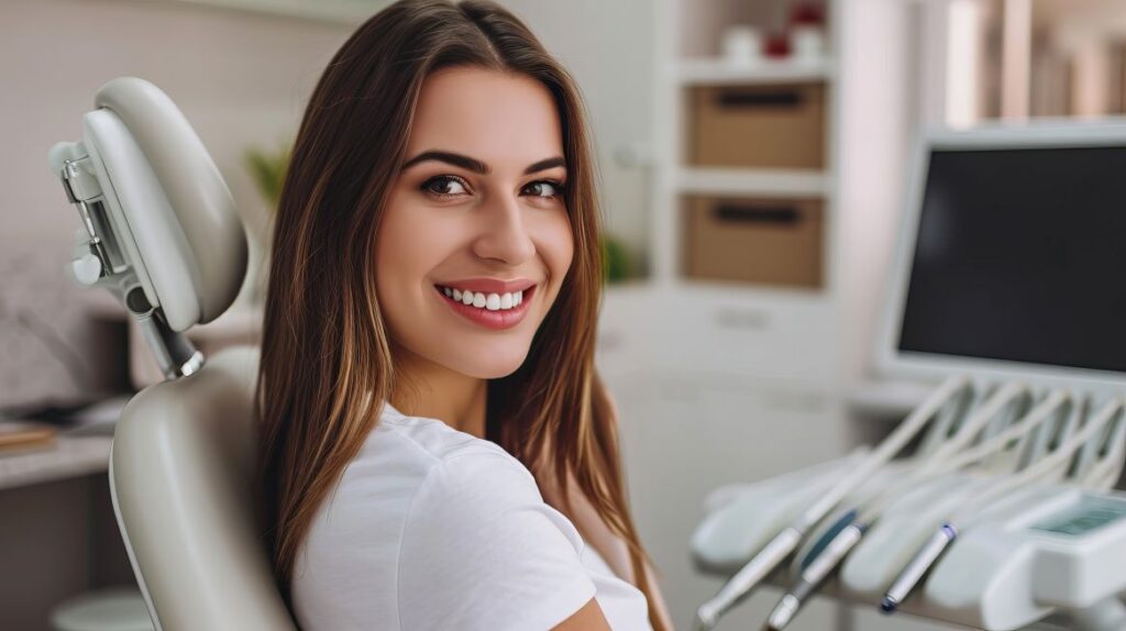 A woman seated in a dental exam chair.